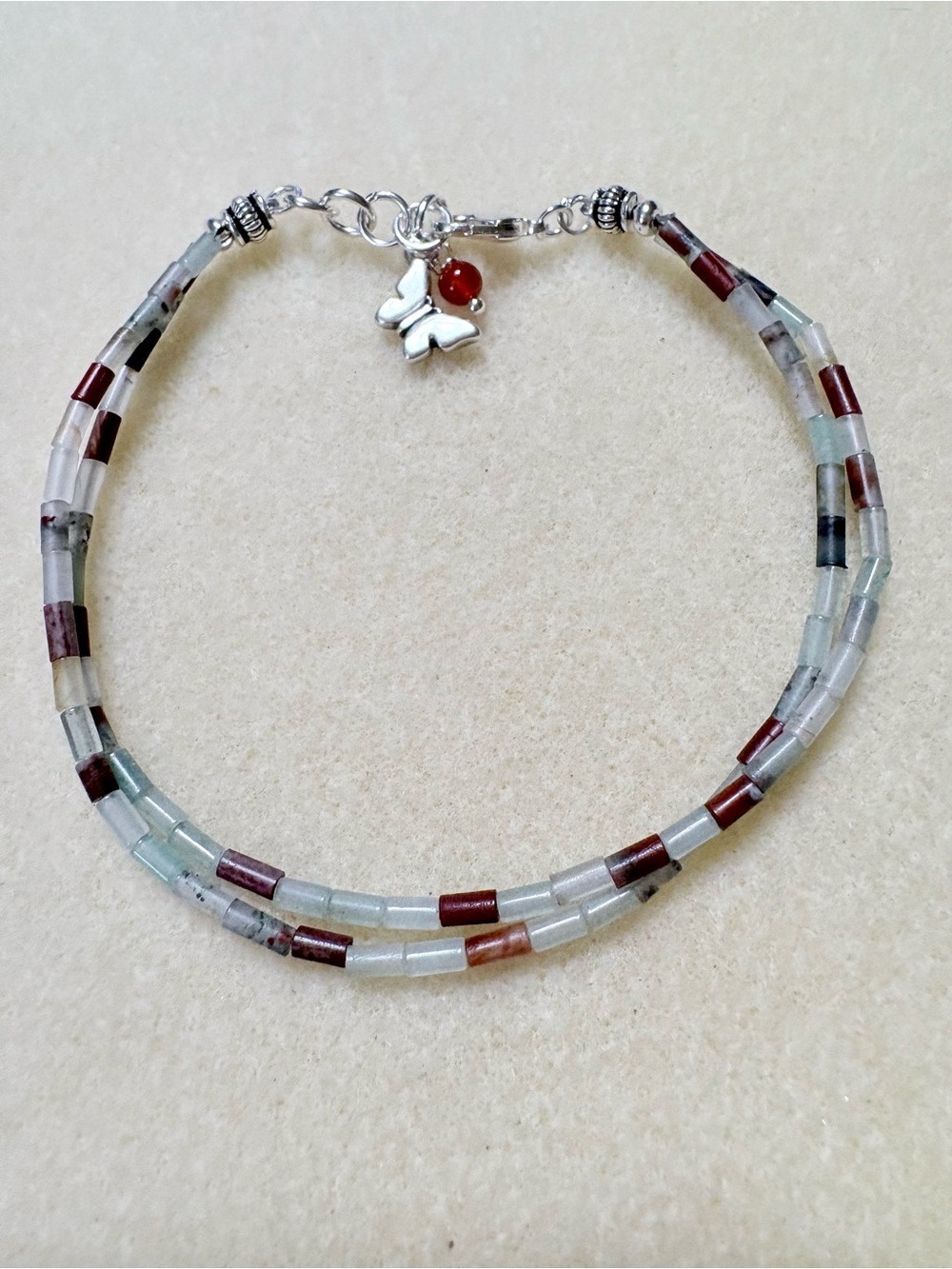 Double-Strand Beaded Bracelet with Butterfly Charm in Green and Brown